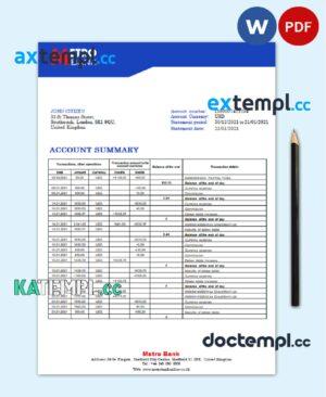 sample United Kingdom Metro Bank statement template in Word and PDF format download
