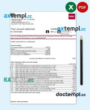 sample USA North Carolina BB&T Corp. bank statement template in Excel and PDF format (2 pages) download