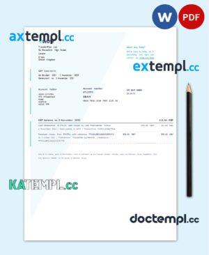 sample United Kingdom Wise bank statement template in Word and PDF format download