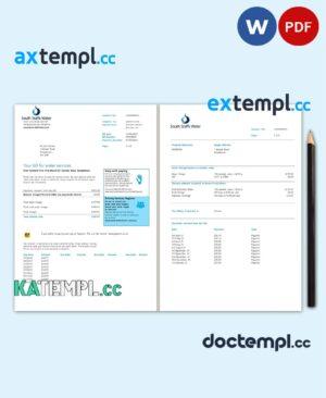 sample United Kingdom South Staffs Water utility bill template in Word and PDF format, 2 pages download
