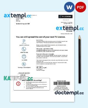 sample United Kingdom TV Licensing utility bill template in Word and PDF format download