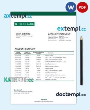sample Denmark Jyske bank statement template in Word and PDF format download