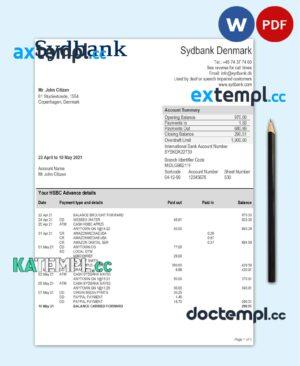 sample Denmark Sydbank bank statement template in Word and PDF format download