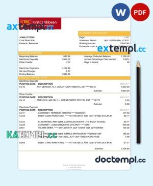 sample Bahamas FirstCaribbean International Bank bank statement in Word and PDF format, fully editable download