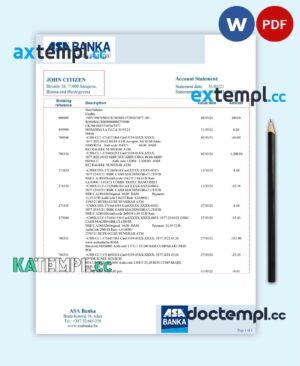sample Bosnia and Herzegovina ASA Banka bank statement template in Word and PDF format download