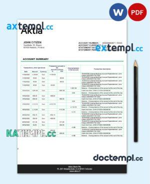 sample Finland Aktia Bank statement template in Word and PDF format download