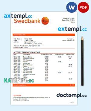 sample Latvia Swedbank bank statement template, Word and PDF format (.doc and .pdf) download