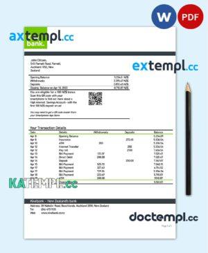 sample New Zealand Kiwibank bank statement template in Word and PDF format download