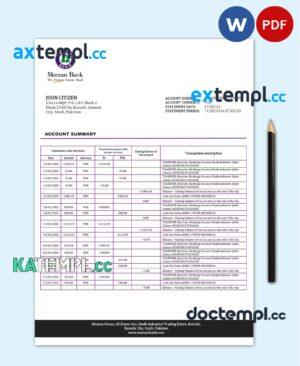 sample Pakistan Meezan bank statement template in Word and PDF format download