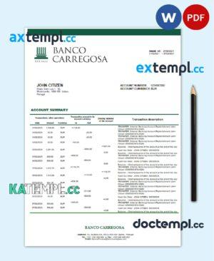 sample Portugal Banco Carregosa bank statement in Word and PDF format download