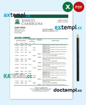 sample Portugal Banco Carregosa bank statement template in Excel and PDF format, .xls and .pdf format download