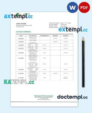 sample Saint Kitts and Nevis The Bank of Nevis bank proof of address statement template in Word and PDF format download