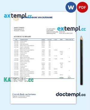 sample Suriname Centrale Bank Van Suriname bank statement template in Word and PDF format download