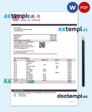 sample Taiwan Bank of Taiwan bank statement template in Word and PDF format download