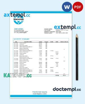 sample United Kingdom Weststein Bank statement template in Word and PDF format download