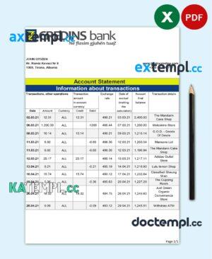 sample Albania Credins bank statement template in Excel and PDF format download
