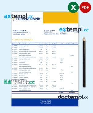 sample Albania Tirana bank statement template in Excel and PDF format download
