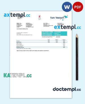sample Turkey Turktelekom utility bill template in Word and PDF format, fully editable download