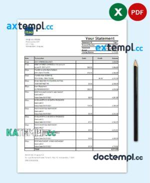 sample Uruguay Itau Bank statement template in .xls and .pdf file format download