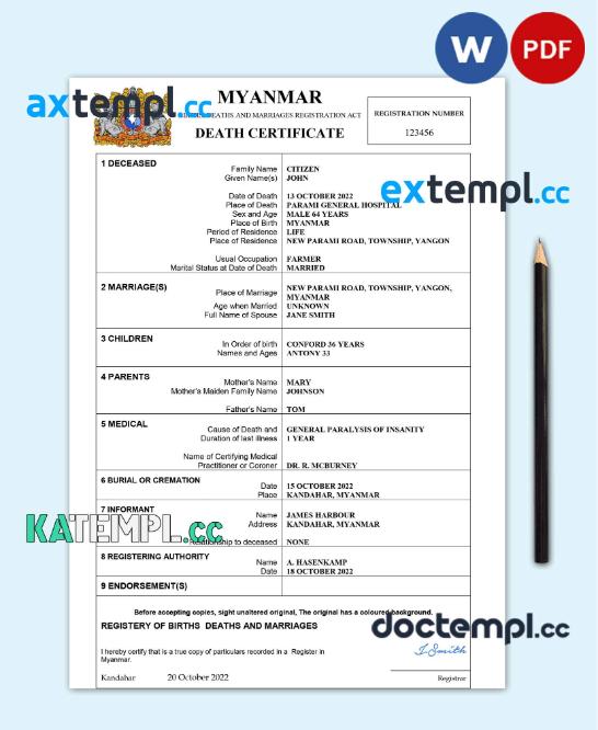 sample Myanmar death certificate Word and PDF template, completely editable download