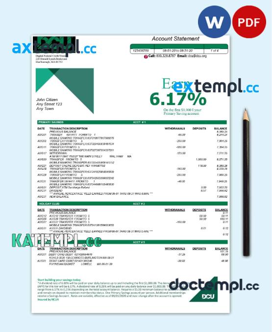 sample USA DCU bank statement Word and PDF template, 5 pages download