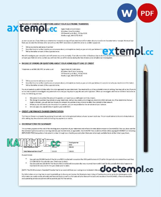 sample USA DCU bank statement Word and PDF template, 5 pages download - Image 2