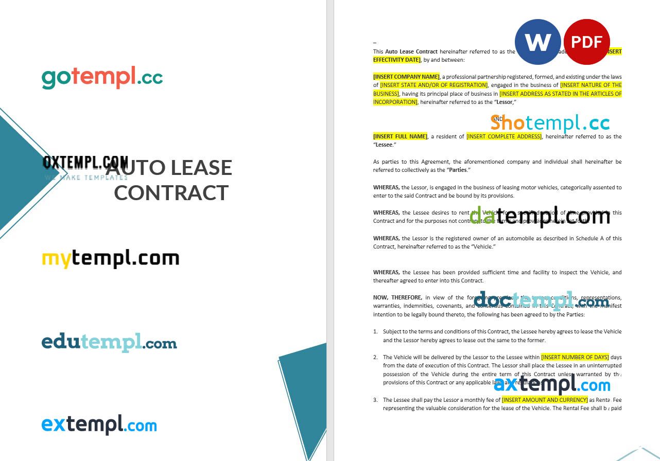 free download auto lease contract example, Word and PDF format