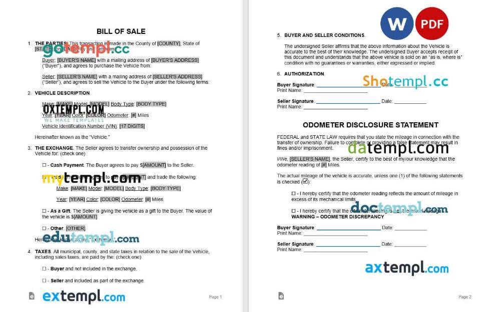 free download bill of sale example in Word and PDF format