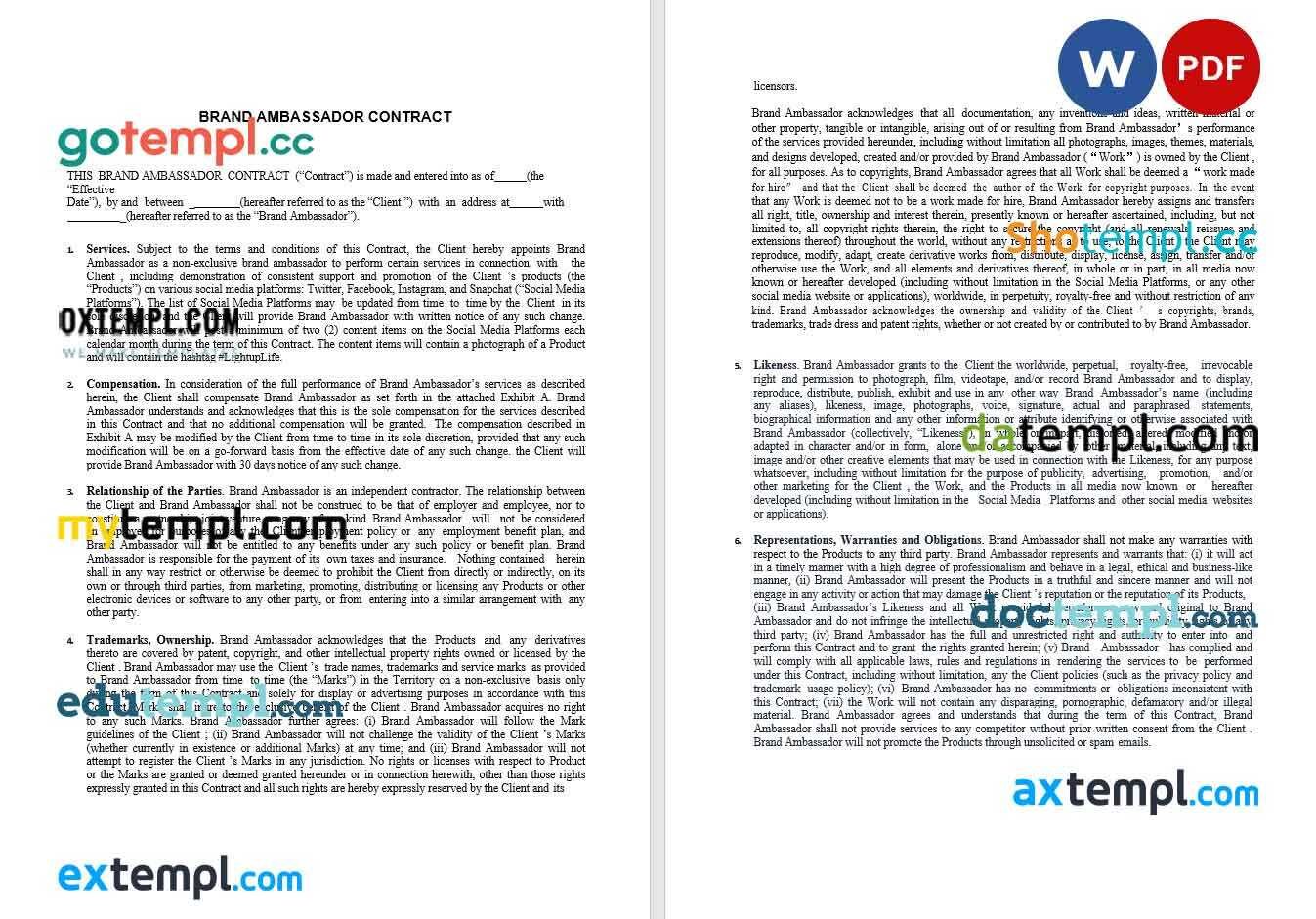 free download brand ambassador contract example, Word and PDF format
