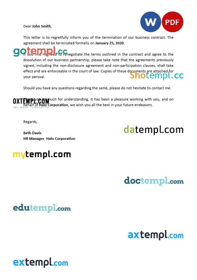 free download business contract termination letter example, Word and PDF format