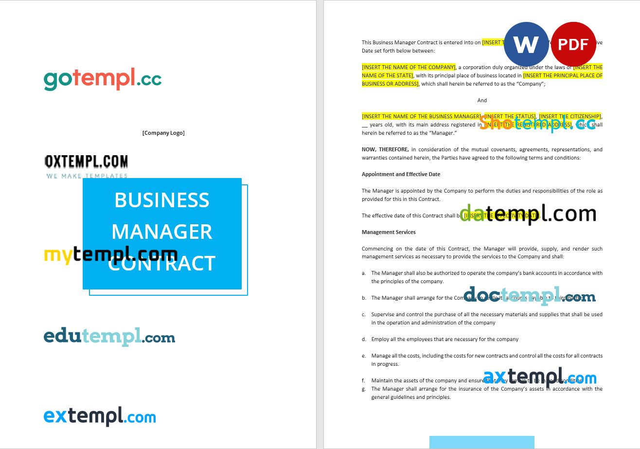 free download business manager contract example, Word and PDF format