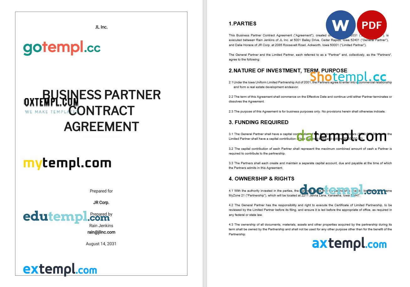 free download business partner contract agreement example in Word and PDF format
