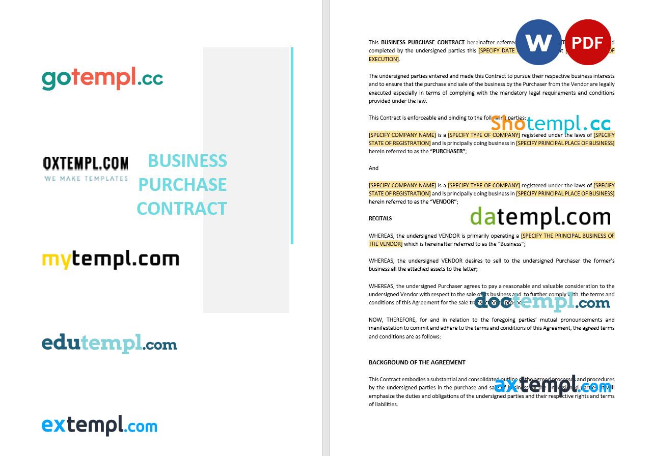 free download business purchase contract example in Word and PDF format