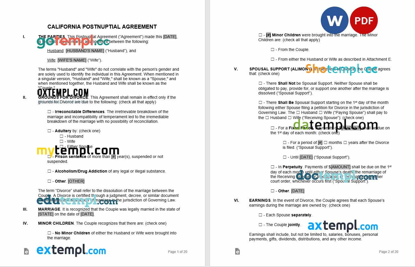 free download california postnuptial agreement example, Word and PDF format