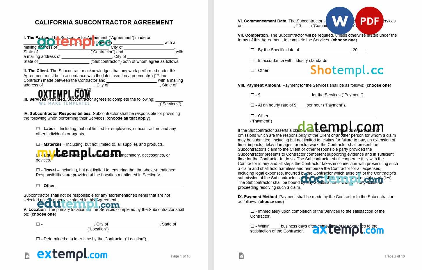 free download california subcontractor agreement example, Word and PDF format