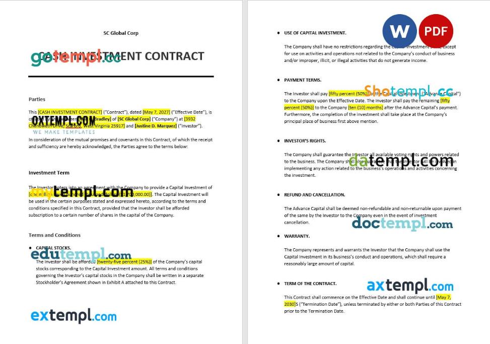 free download cash investment contract example in Word and PDF format