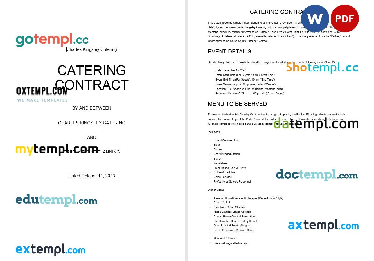 free download catering contract example Word and PDF format
