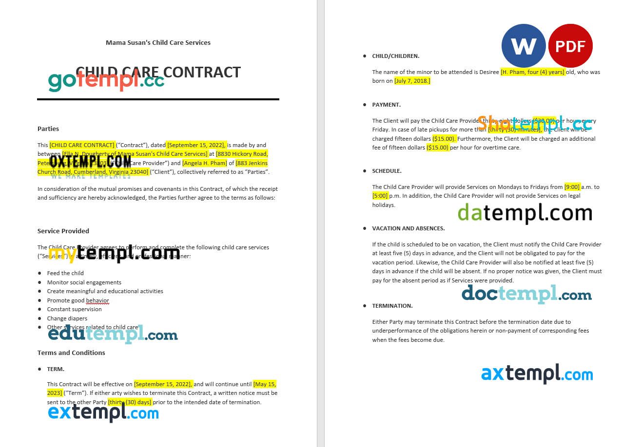 free download child care contract example, Word and PDF format