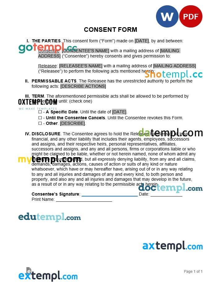 free download consent form example, Word and PDF format