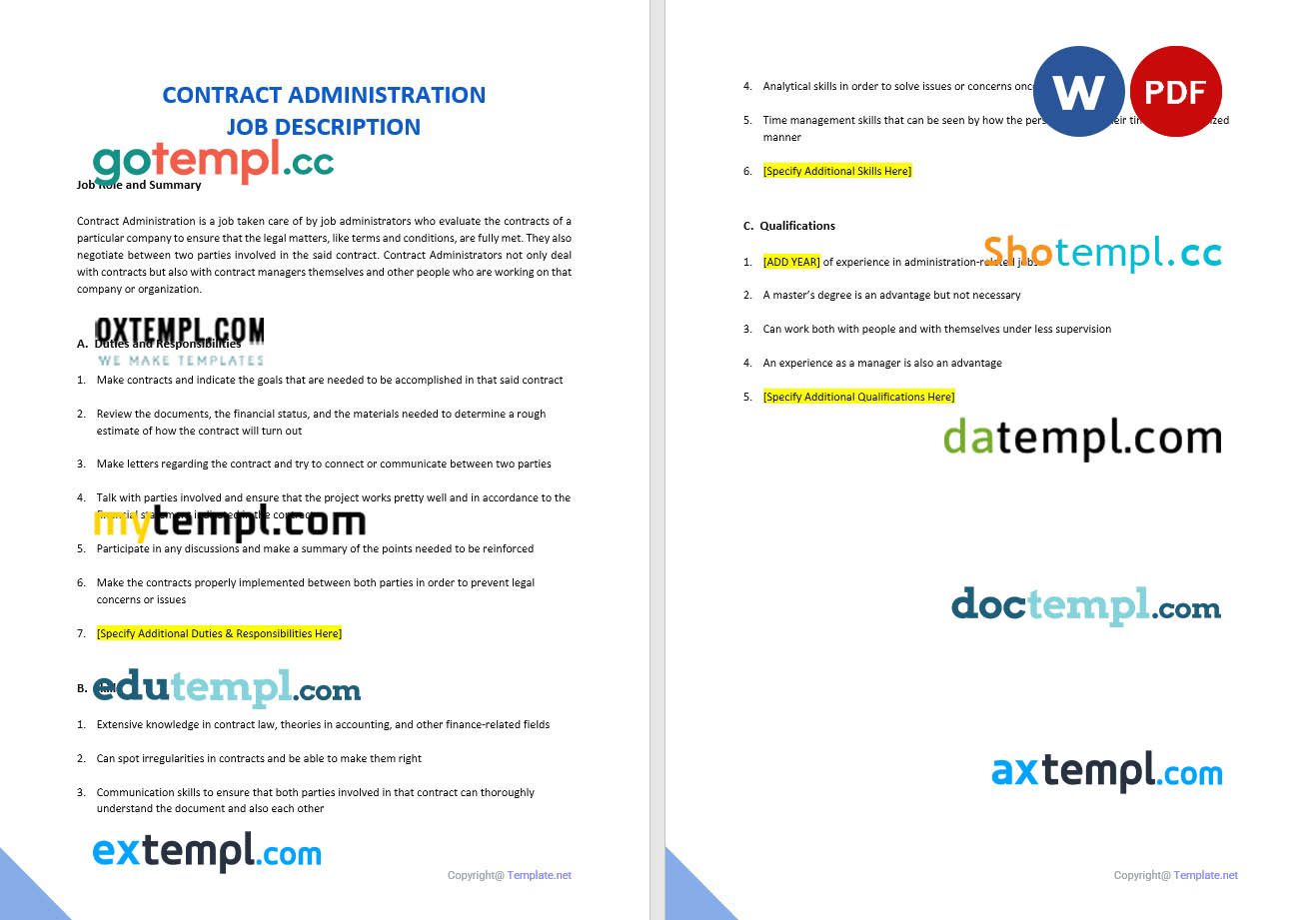 free download contract administration job description example, Word and PDF format