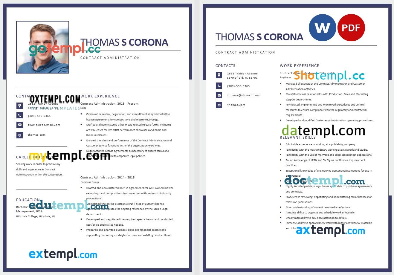 free download contract administration resume example, Word and PDF format