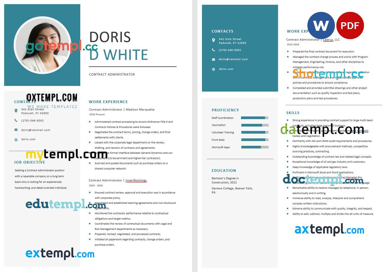 free download contract administrator resume example in Word and PDF format