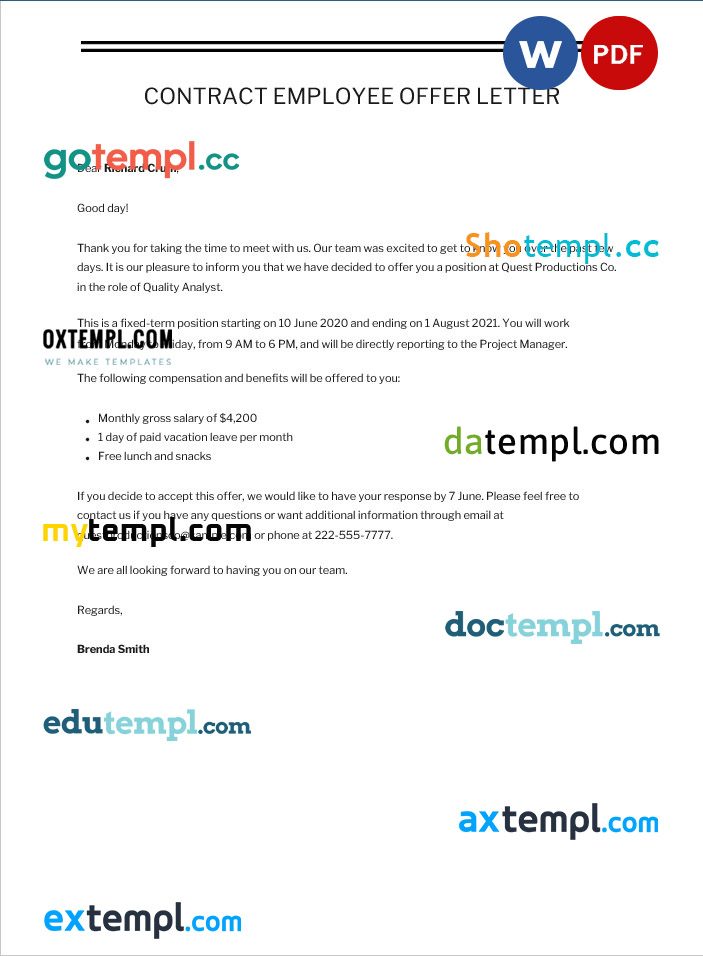 free download contract employee offer letter sample example, Word and PDF format