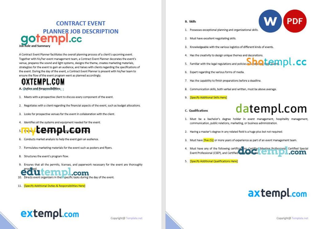 free download contract event planner job description example, Word and PDF format