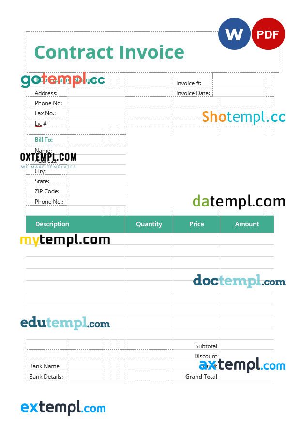 free download contract invoice 2 example, Word and PDF format