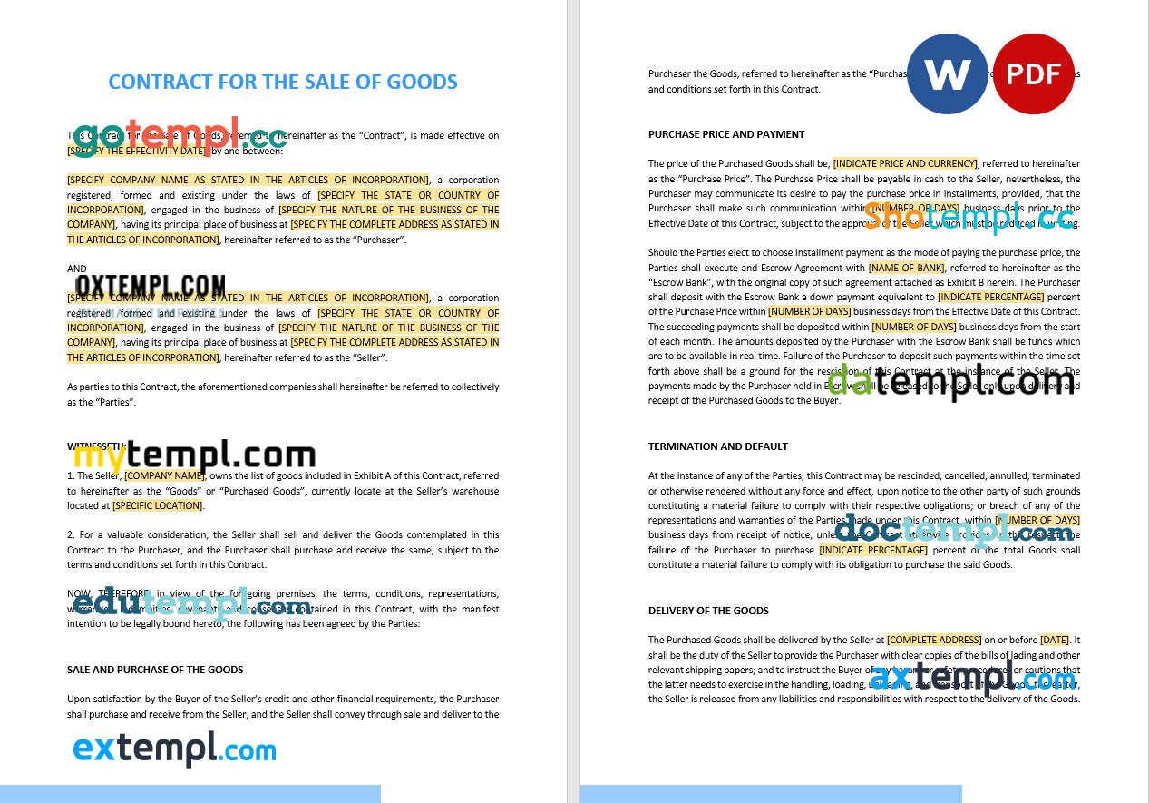 free download contract for the sale of goods example, Word and PDF format