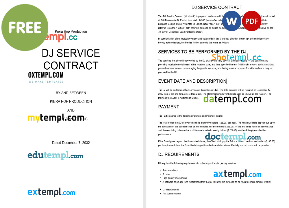 free download DJ service contract example, Word and PDF format