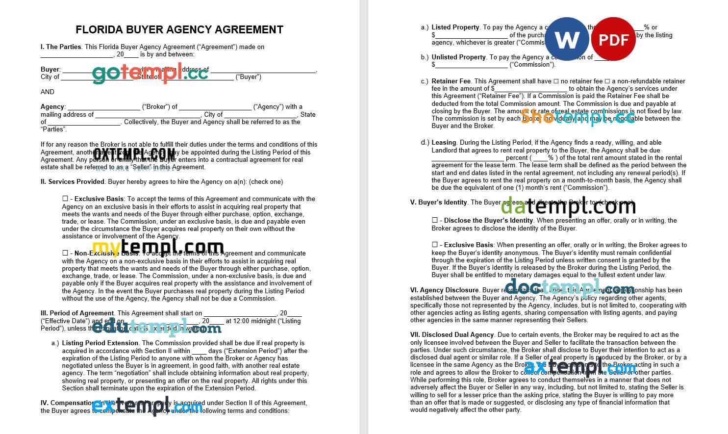 free download florida buyer agency agreement example, Word and PDF format