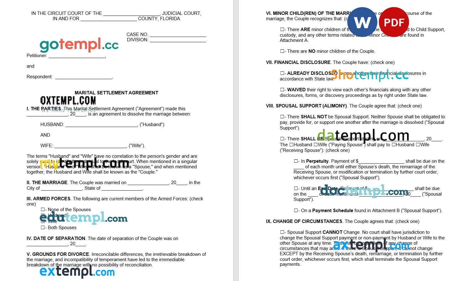 free download florida marital settlement agreement example, Word and PDF format