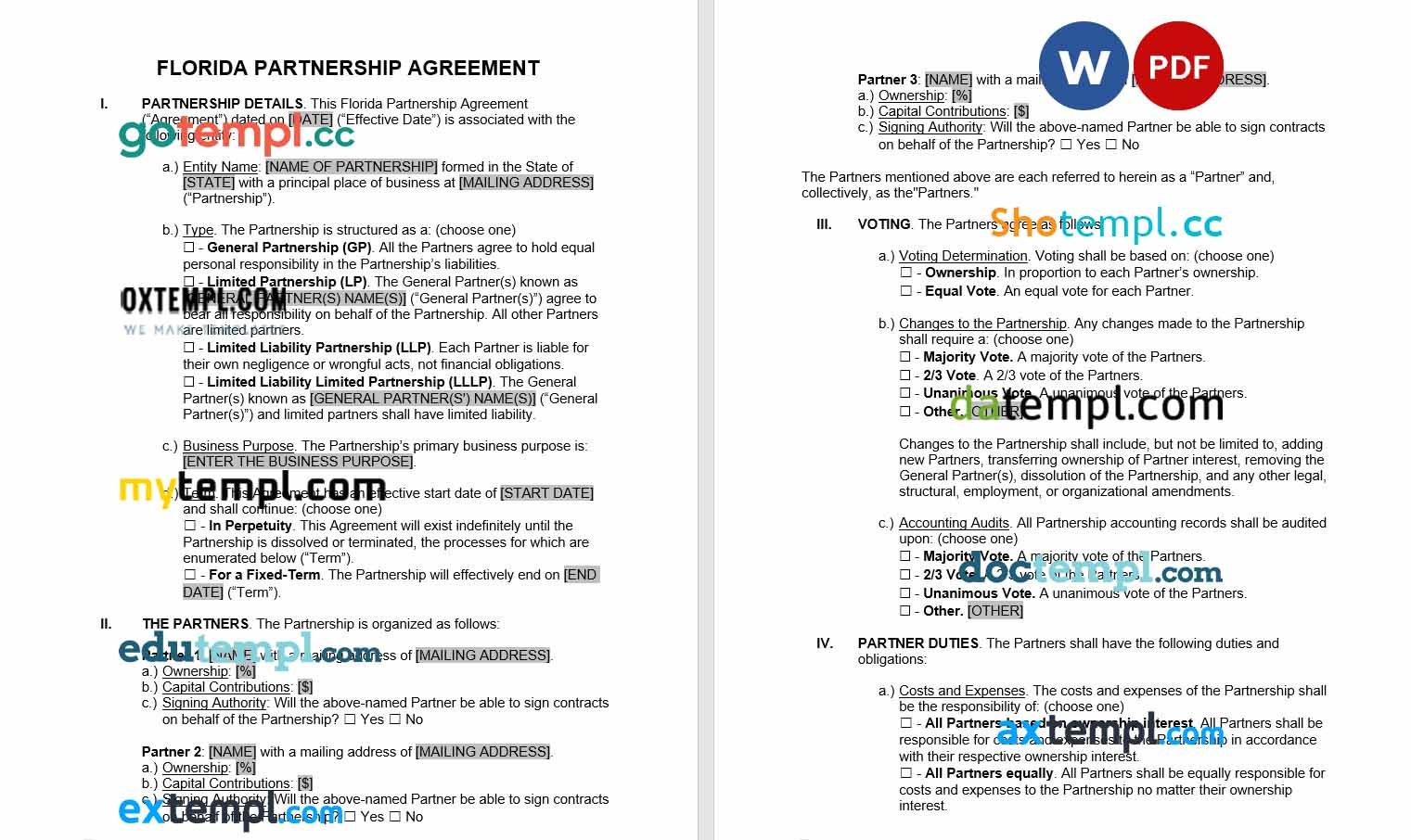 free download florida partnership agreement example, Word and PDF format